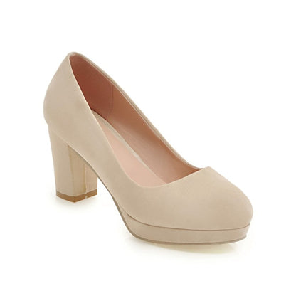 Ladies Suede Almond Toe Block Heels High Heel Platform Pumps