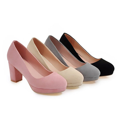 Ladies Suede Almond Toe Block Heels High Heel Platform Pumps