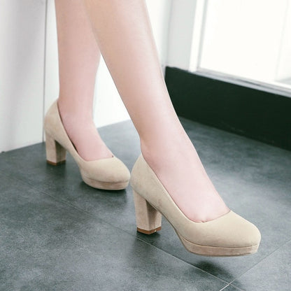 Ladies Suede Almond Toe Block Heels High Heel Platform Pumps