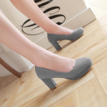 Ladies Suede Almond Toe Block Heels High Heel Platform Pumps