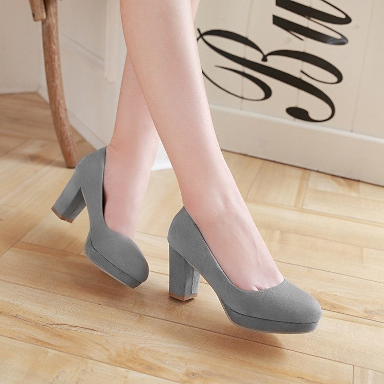 Ladies Suede Almond Toe Block Heels High Heel Platform Pumps