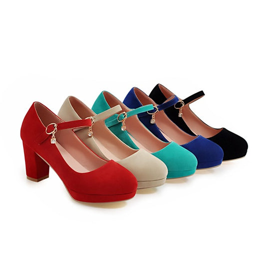 Ladies Suede Round Toe Mary Jane Block Heels High Heel Platform Pumps