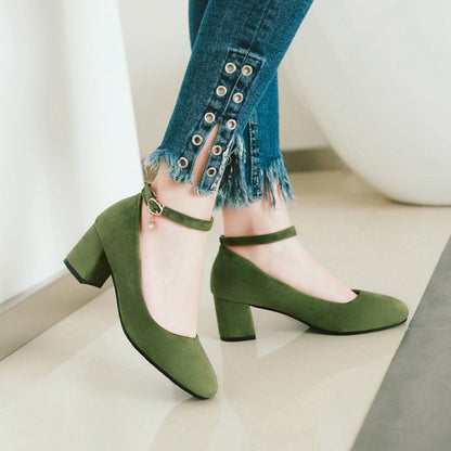 Ladies Pumps Round Toe Ankle Strap Block Heel Shoes