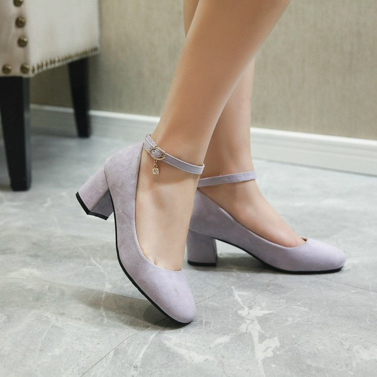 Ladies Pumps Round Toe Ankle Strap Block Heel Shoes