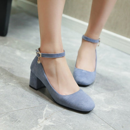 Ladies Pumps Round Toe Ankle Strap Block Heel Shoes