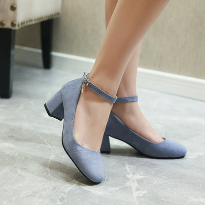 Ladies Pumps Round Toe Ankle Strap Block Heel Shoes