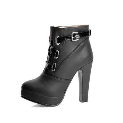 Pu Leather Almond Toe Crossed Buckle Straps Block Chunky Heel Platform Short Boots for Women