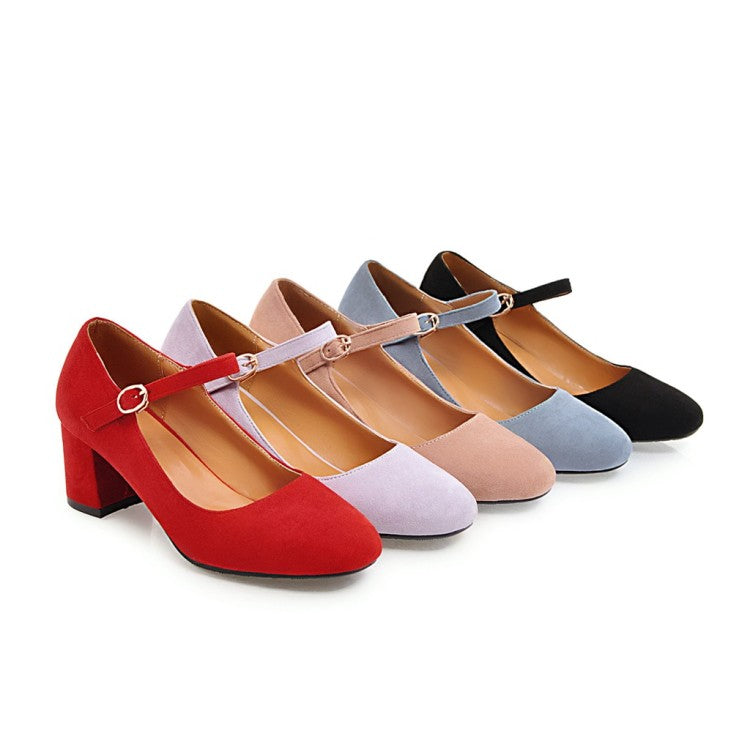 Ladies Pumps Suede Round Toe Ankle Strap Block Heel Shoes