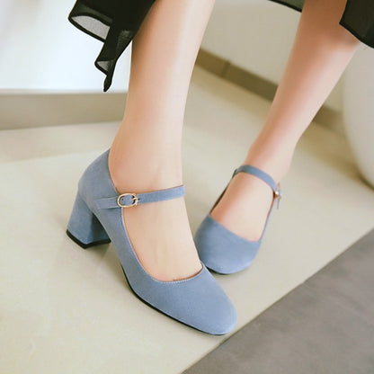 Ladies Pumps Suede Round Toe Ankle Strap Block Heel Shoes