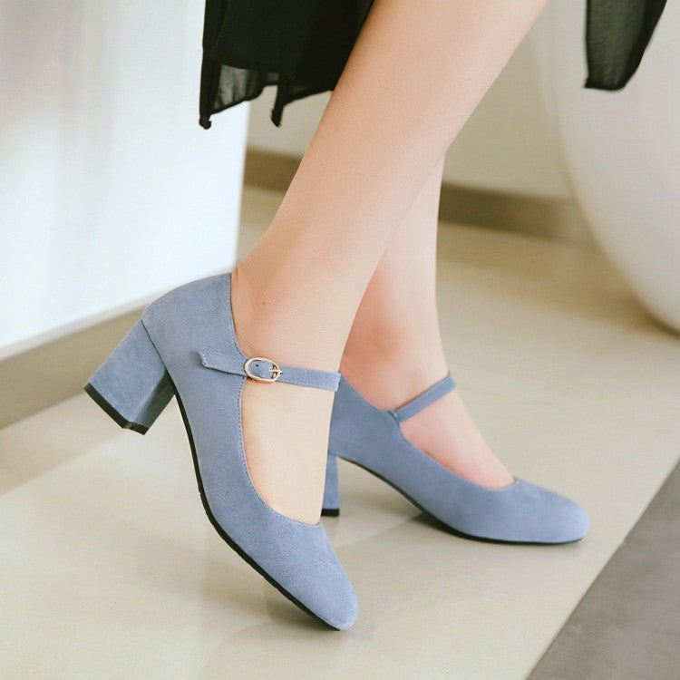 Ladies Pumps Suede Round Toe Ankle Strap Block Heel Shoes