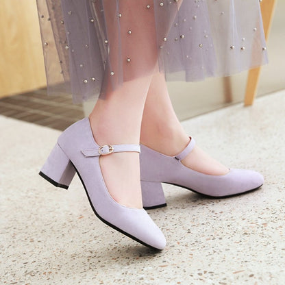 Ladies Pumps Suede Round Toe Ankle Strap Block Heel Shoes