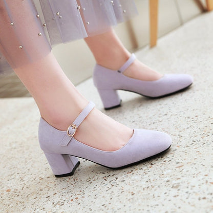 Ladies Pumps Suede Round Toe Ankle Strap Block Heel Shoes