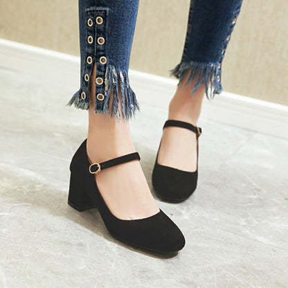 Ladies Pumps Suede Round Toe Ankle Strap Block Heel Shoes