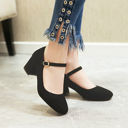 Ladies Pumps Suede Round Toe Ankle Strap Block Heel Shoes