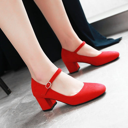 Ladies Pumps Suede Round Toe Ankle Strap Block Heel Shoes