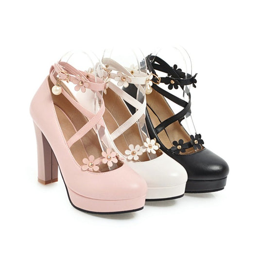 Ladies Strapply Flower High Heel Chunky Heels Platform Pumps