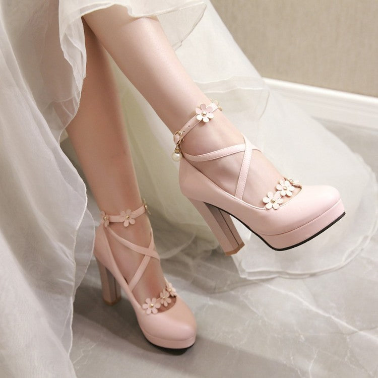 Ladies Strapply Flower High Heel Chunky Heels Platform Pumps