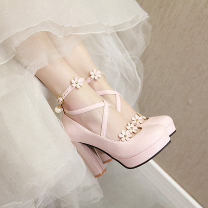 Ladies Strapply Flower High Heel Chunky Heels Platform Pumps