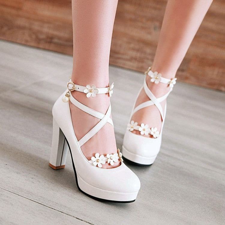 Ladies Strapply Flower High Heel Chunky Heels Platform Pumps