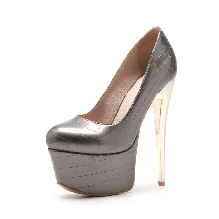 Ladies Embossed Leather Almond Toe Stiletto Heel Platform Pumps