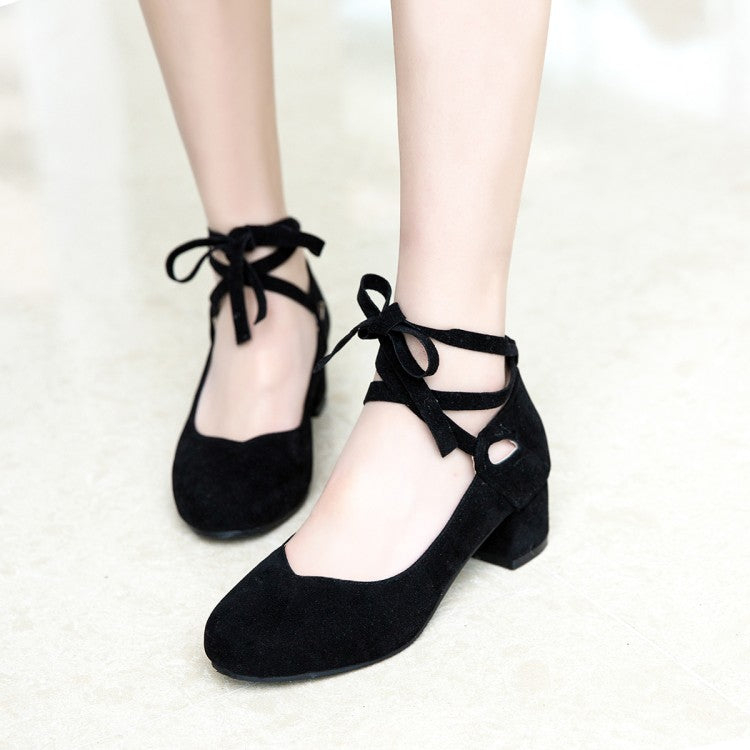 Ladies Flock Shallow Round Toe Crossed Strap Block Heel Pumps