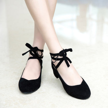 Ladies Flock Shallow Round Toe Crossed Strap Block Heel Pumps