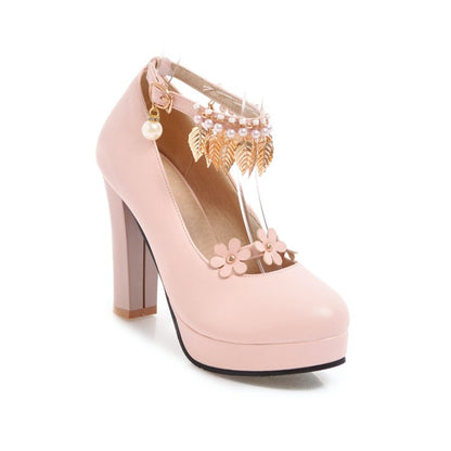 Ladies Tassel Ankle Strap High Heel Chunky Heels Platform Pumps