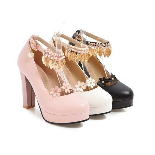 Ladies Tassel Ankle Strap High Heel Chunky Heels Platform Pumps