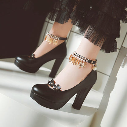 Ladies Tassel Ankle Strap High Heel Chunky Heels Platform Pumps