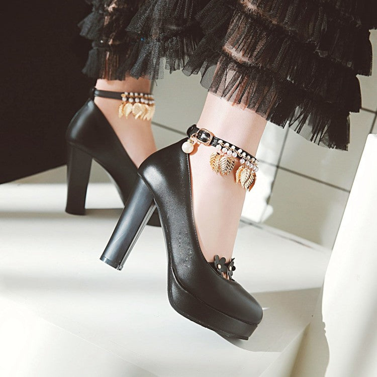 Ladies Tassel Ankle Strap High Heel Chunky Heels Platform Pumps