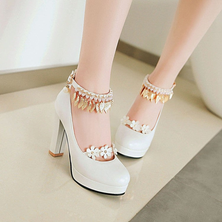 Ladies Tassel Ankle Strap High Heel Chunky Heels Platform Pumps