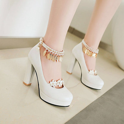 Ladies Tassel Ankle Strap High Heel Chunky Heels Platform Pumps