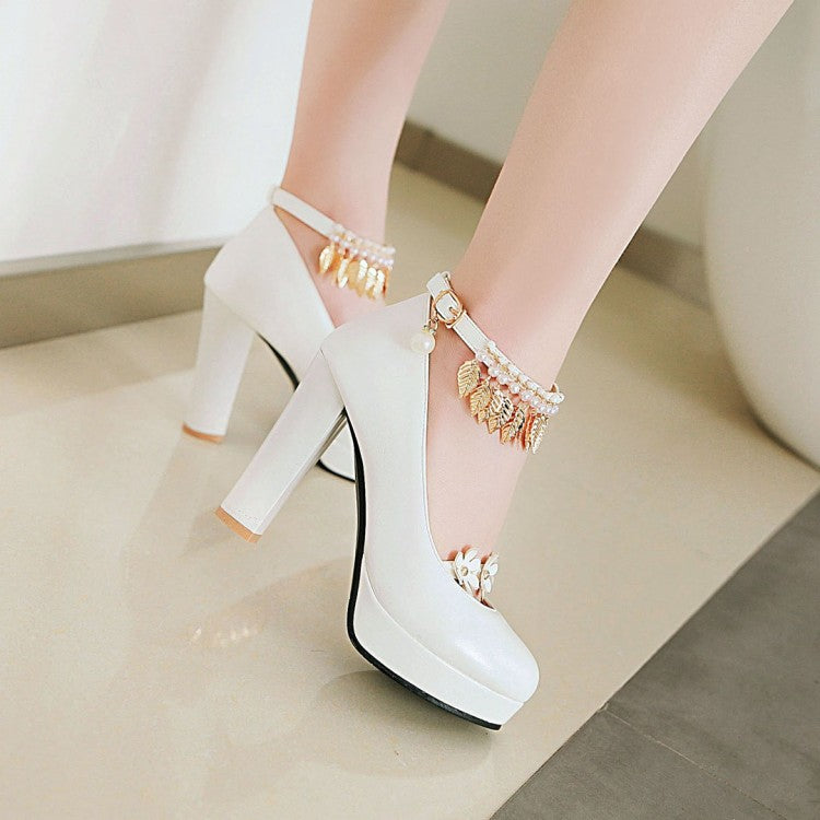 Ladies Tassel Ankle Strap High Heel Chunky Heels Platform Pumps