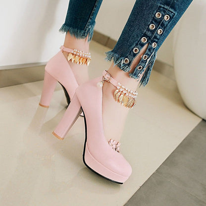 Ladies Tassel Ankle Strap High Heel Chunky Heels Platform Pumps