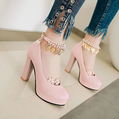 Ladies Tassel Ankle Strap High Heel Chunky Heels Platform Pumps