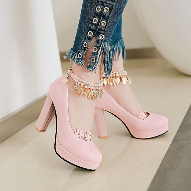 Ladies Tassel Ankle Strap High Heel Chunky Heels Platform Pumps