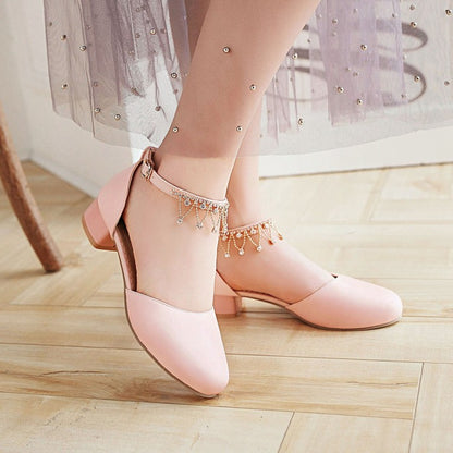 Ladies Solid Color Round Toe Pearls Rhinestone Ankle Strap Block Heel Low Heels Sandals