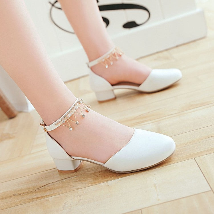 Ladies Solid Color Round Toe Pearls Rhinestone Ankle Strap Block Heel Low Heels Sandals