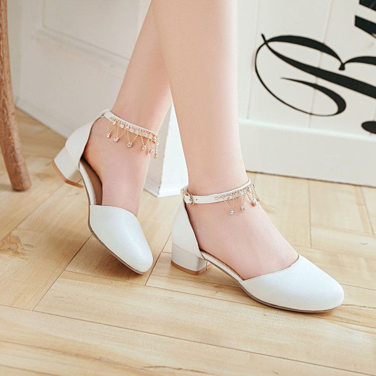 Ladies Solid Color Round Toe Pearls Rhinestone Ankle Strap Block Heel Low Heels Sandals