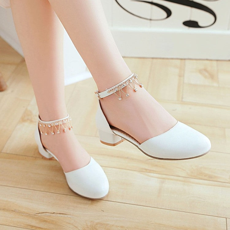 Ladies Solid Color Round Toe Pearls Rhinestone Ankle Strap Block Heel Low Heels Sandals