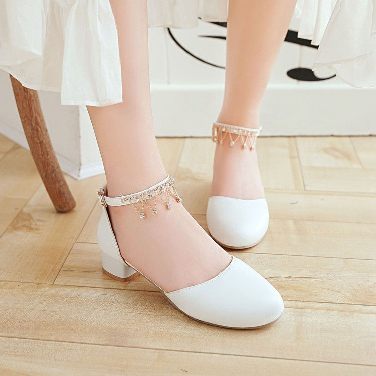 Ladies Solid Color Round Toe Pearls Rhinestone Ankle Strap Block Heel Low Heels Sandals