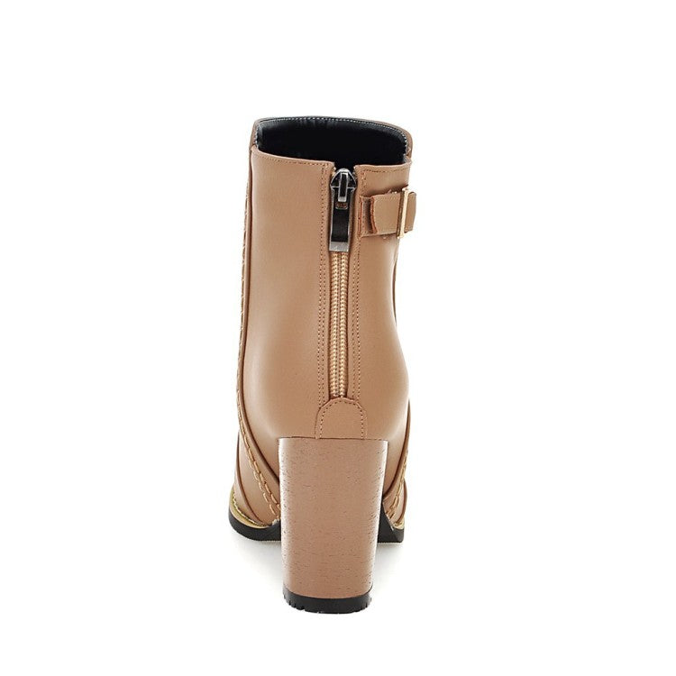 Pu Leather Round Toe Stitch Buckle Straps Block Chunky Heel Back Zippers Short Boots for Women