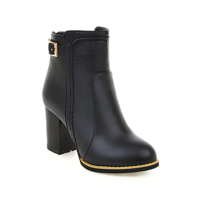 Pu Leather Round Toe Stitch Buckle Straps Block Chunky Heel Back Zippers Short Boots for Women