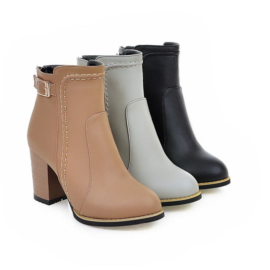 Pu Leather Round Toe Stitch Buckle Straps Block Chunky Heel Back Zippers Short Boots for Women