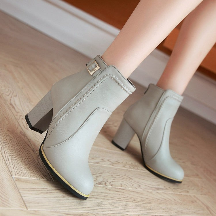 Pu Leather Round Toe Stitch Buckle Straps Block Chunky Heel Back Zippers Short Boots for Women