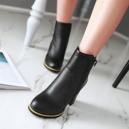 Pu Leather Round Toe Stitch Buckle Straps Block Chunky Heel Back Zippers Short Boots for Women