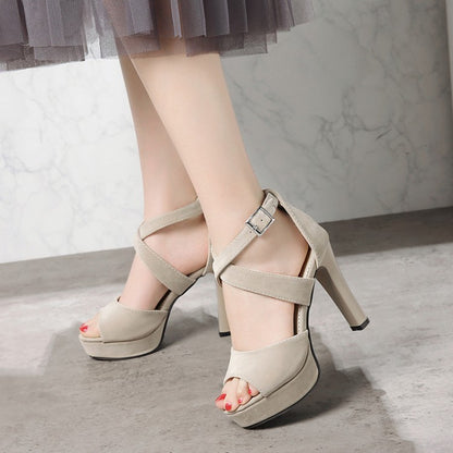 Ladies High Heeled Suede Peep Toe Ankle Strap Buckle Chunky Heel Platform Sandals