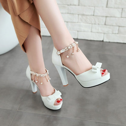 Ladies Solid Color Peep Toe Butterfly Knot High Heel Ankle Strap Pearls Chains Rhinestone Platform Sandals