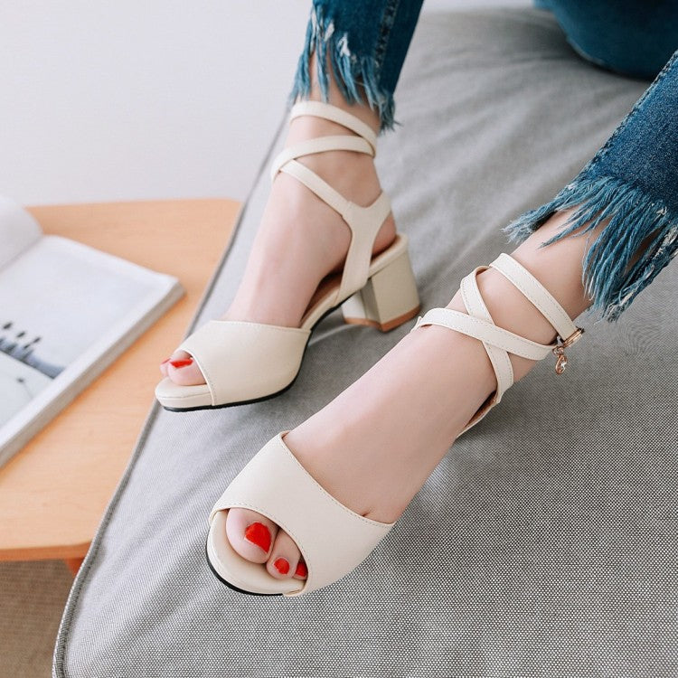 Ladies Solid Color Cross Ankle Strap Block Heels Sandals