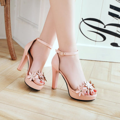 Ladies Solid Color Flora Round Toe High Heel Platform Sandals